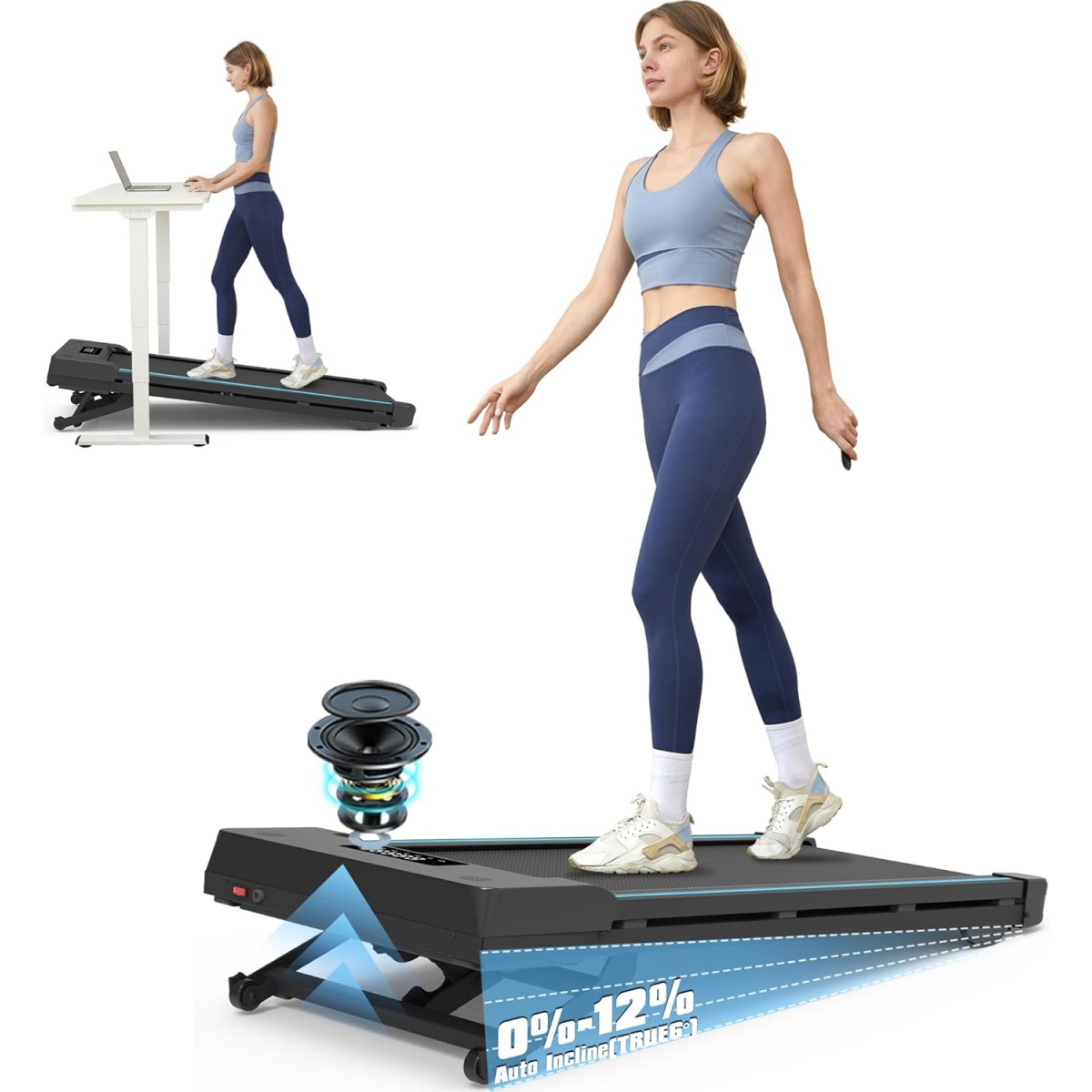 PACEROCKER Walking Pad Treadmill with 12% 9-Level Auto Incline, 450 lbs Capacity Bluetooth Speaker Under Desk Treadmills for Home Hiking, 5 mph, Black